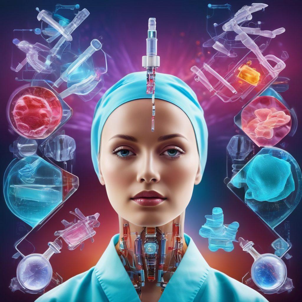 A visually striking collage that showcases innovative treatment options: an intricate surgical scene with advanced robotic tools, vibrant chemotherapy vials with colorful liquid, and a personalized medicine section with DNA strands intertwined with health data visualizations. The background should reflect hope and progress in healthcare with soft light rays. modern infographic style. vibrant colors. abstract elements.