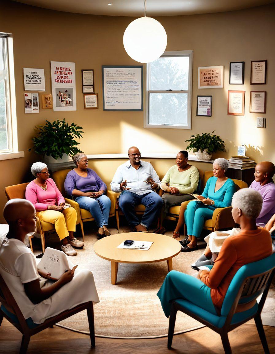 A vibrant, supportive scene depicting a diverse group of cancer patients in a cozy meeting space, sharing stories and providing encouragement. Include elements like a large circle of chairs, warm lighting, motivational posters on the walls, and a variety of resources like pamphlets and books scattered around. Capture the emotion of solidarity and hope in their expressions. super-realistic. warm colors. 3D.