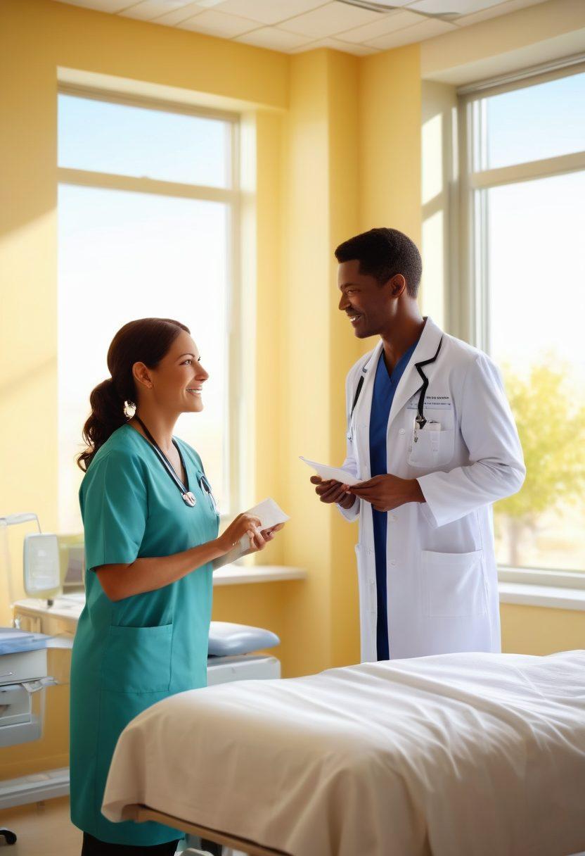 A serene, hopeful scene of a patient and a cheerful healthcare professional discussing a treatment plan in a bright, welcoming hospital room. Include an anatomical model of the human body nearby, symbolizing oncological surgery, and supportive elements like pamphlets on cancer care. Soft sunlight streaming through the window, creating a warm atmosphere. super-realistic. vibrant colors. 3D.